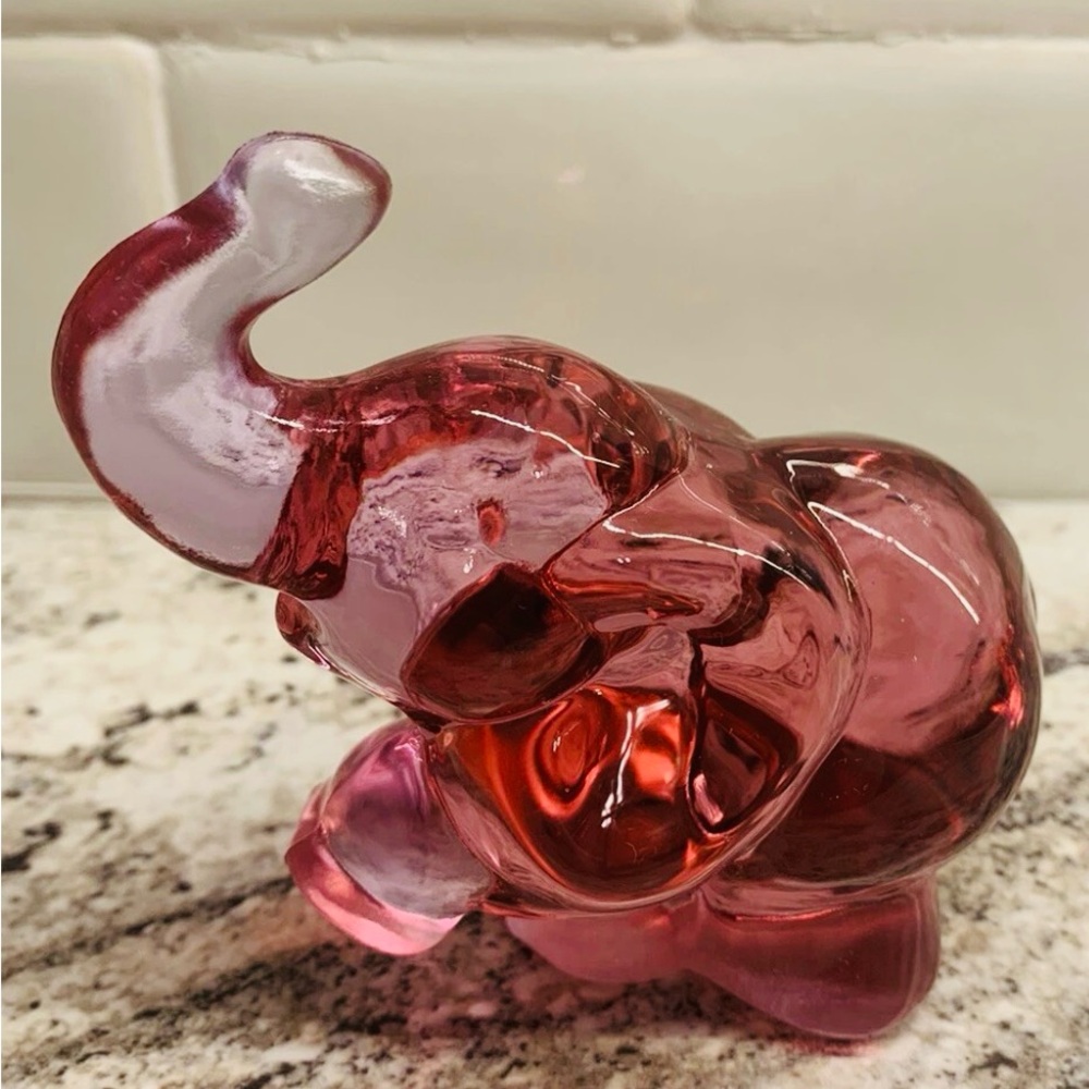 Fenton Glass Rose Pink Trunk Up Elephant